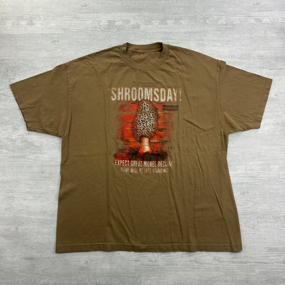 Vintage 90s Shroomsday Shirt Size XL Brown Nature Freak Mushroom Massacre